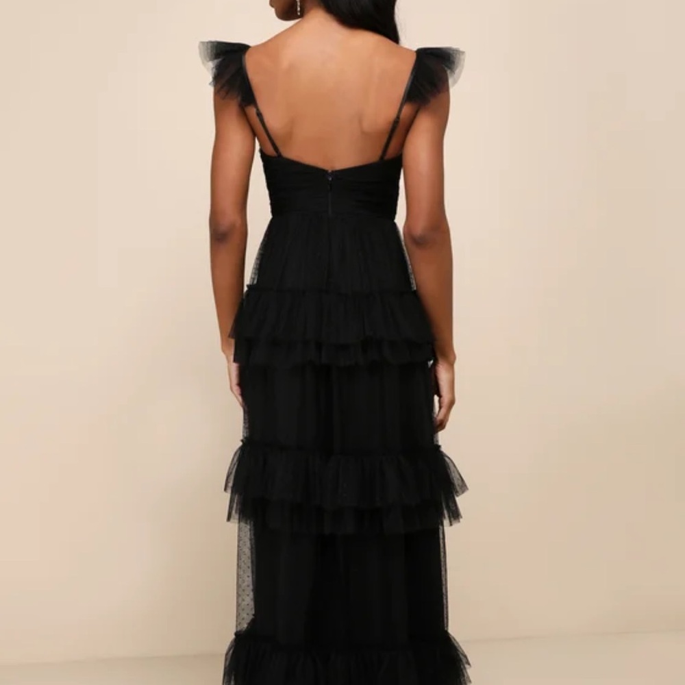 Pure Radiance Black Mesh Swiss Dot Tiered Maxi dress small - Picture 2 of 7
